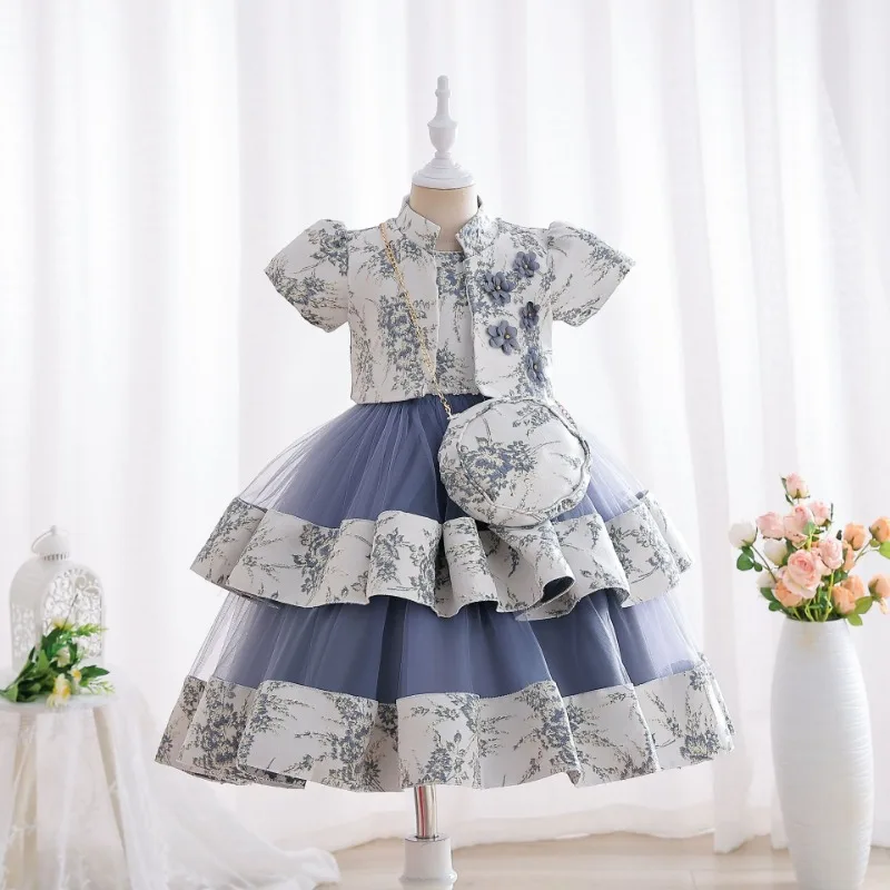 Conjunto de vestidos infantis para meninas, vestido princesa de seda para meninas, vestido de festa infantil, vestidos de noite de casamento, conjunto 3 peças, novo