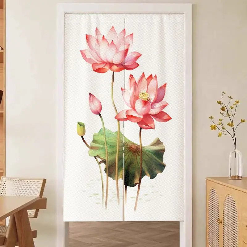 VIKAMA Chinese Style Noren Door Curtain Watercolor Pink Lotus Flower Print Room Divider Teahouse Oriental Hanging Decor Curtain