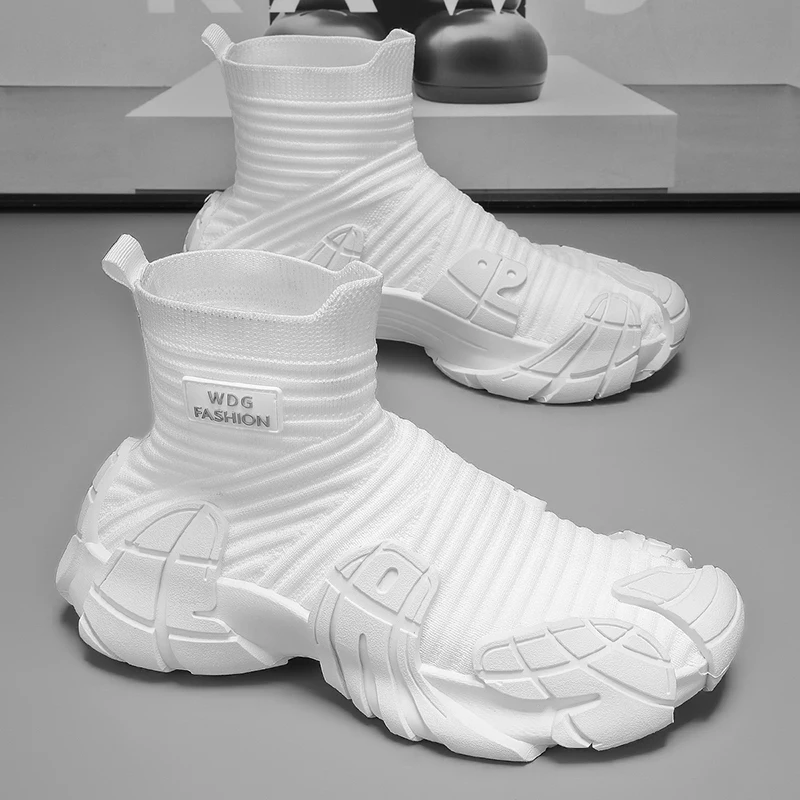 

Классические белые мужские повседневные ботинки, уличная модная обувь для меха, мужские дышащие вязаные носки, мужская обувь с высоким берцем, chaussure hommes