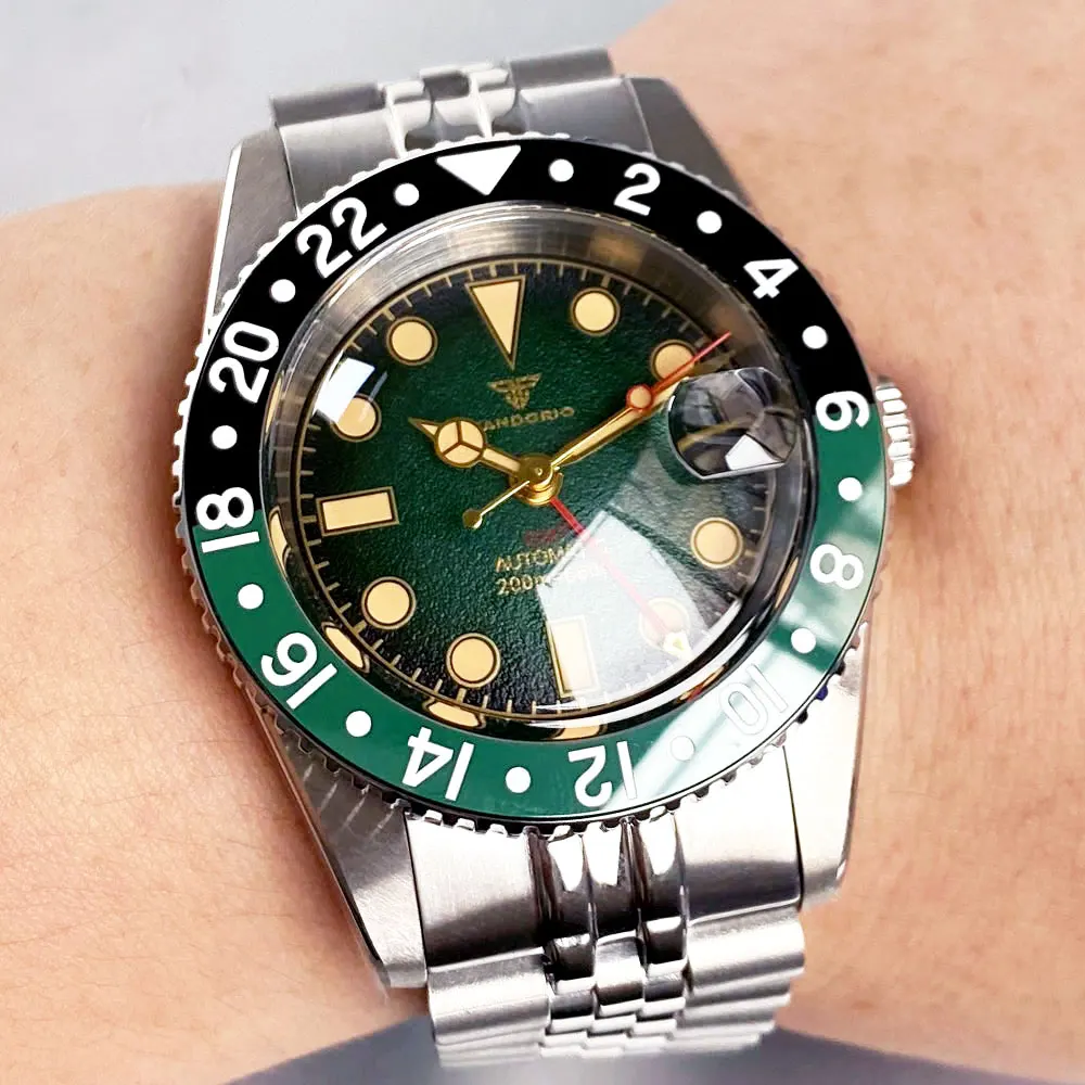 Tandorio Bubble с сапфировым стеклом 38 мм NH34 GMT автоматические часы мужские 200 м водонепроницаемые матовые текстуры зеленый циферблат Lume стальной браслет