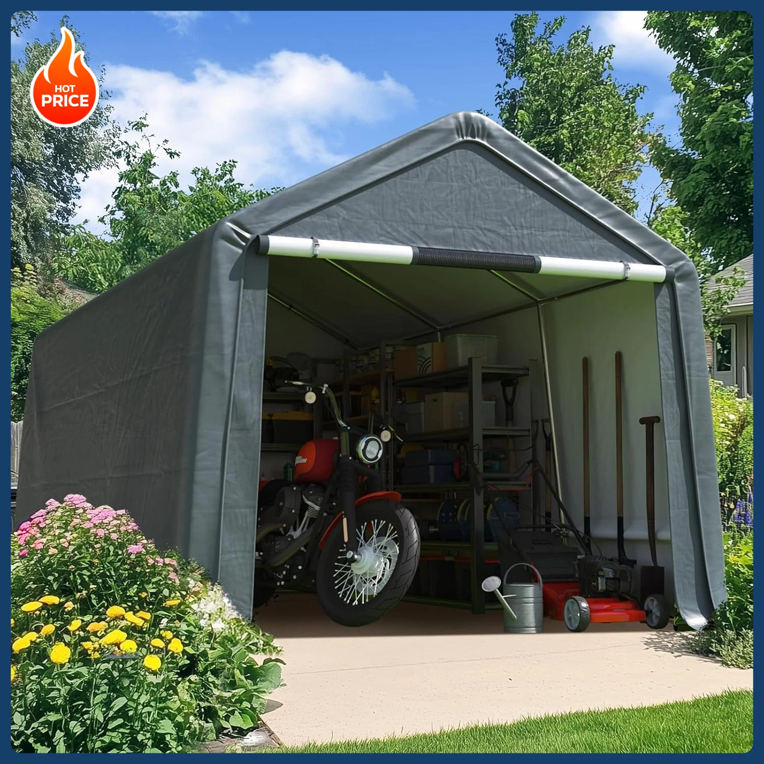 

[New Arrival!]Heavy Duty 8x14FT Carport Shelter with Roll-Up Mesh Windows & Reinforced Frame, Portable Garage Canopy for Motorcy