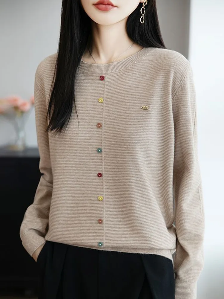 Fashionable Knitted Base Shirt Women's Autumn Winter Sweater  Button Inner Wear Top Loose Fit Long Sleeve round Neck