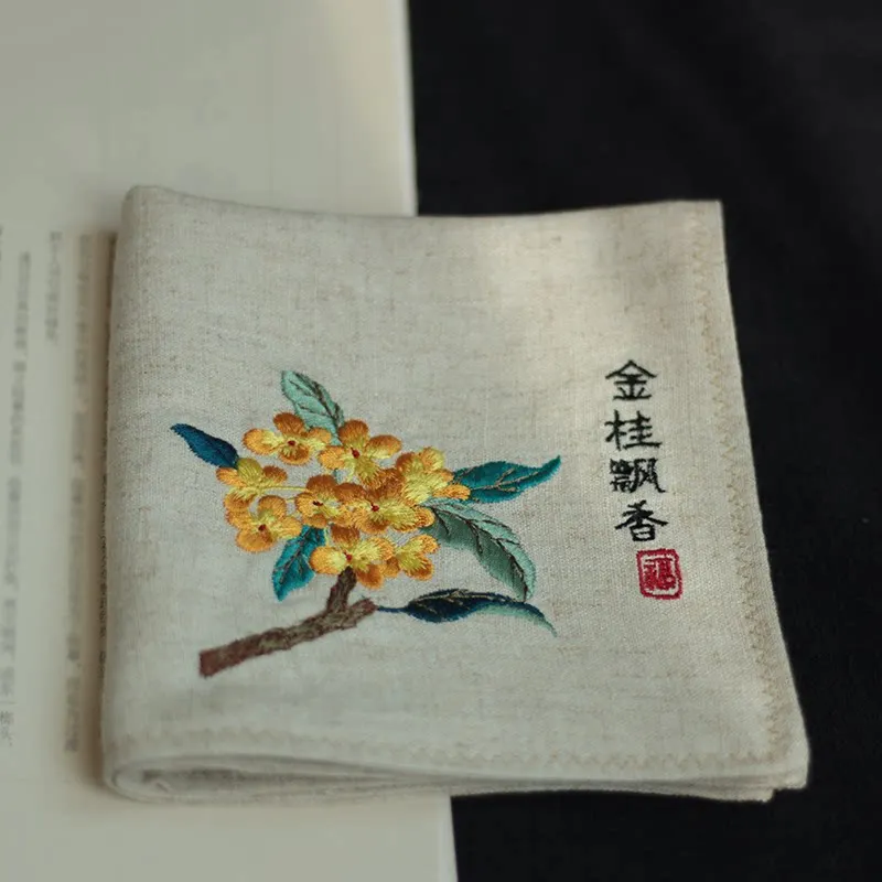 Traditional Chinese Hanfu Style 100% Cotton Osmanthus Embroidered Square Handkerchief Absorbent Portable Pocket Towel Multiple