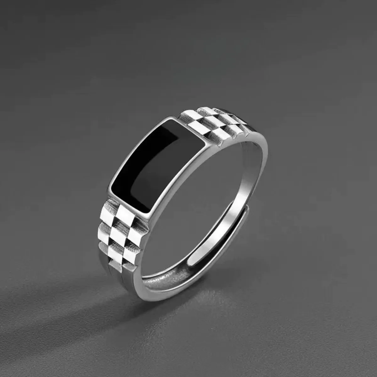 Anillos Vintage de ónix sintético para hombre, anillo abierto ajustable de acero inoxidable con temperamento, Color plateado, joyería Punk de moda, regalos