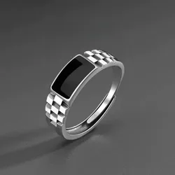 Vintage Faux Onyx Rings for Men Temperament Stainless Steel Adjustable Open Ring Silver Color Fashion Punk Jewelry Gifts
