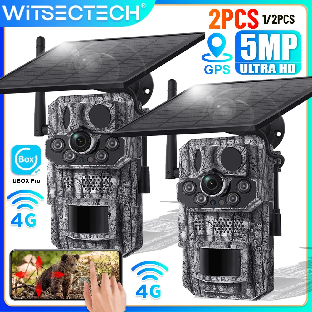 2PCS Ucon 4G 5MP Cellular Trail Camera Solar Camera PIR Motion Activated 0.2s Trigger Time Night Vision Wildlife Hunting Cameras