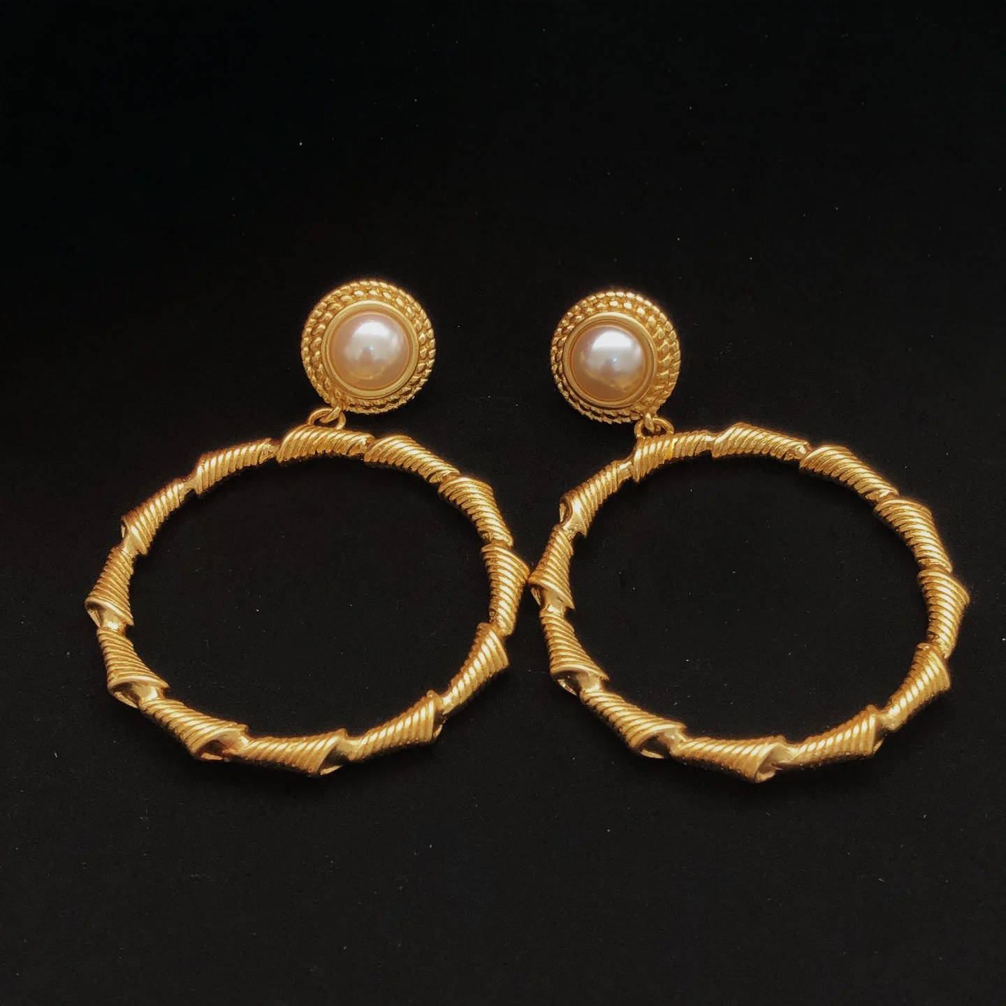 

Gold Twisted Hoop Earrings Vintage Style Pearl Accented Rope Design Chic Textured Retro Classic Fashion Jewelry