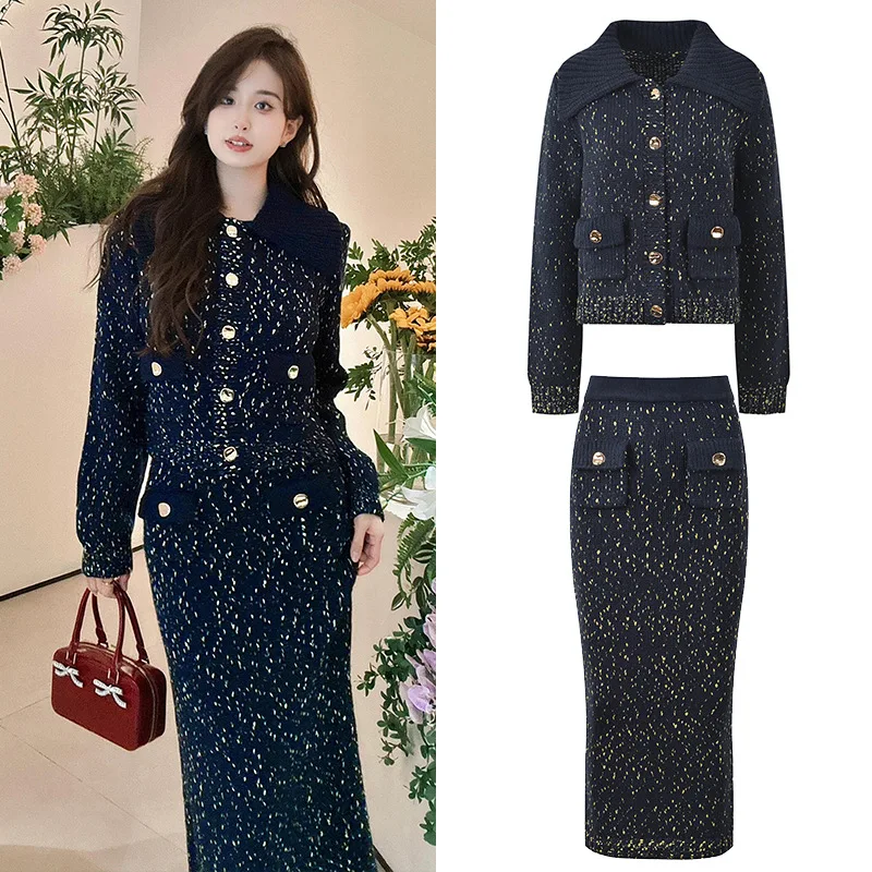 

Ele Вязаный топ-кардиган с дизайном в горошек, облегающий комплект с юбкой для женщин с открытым рукавом, осенняя мода