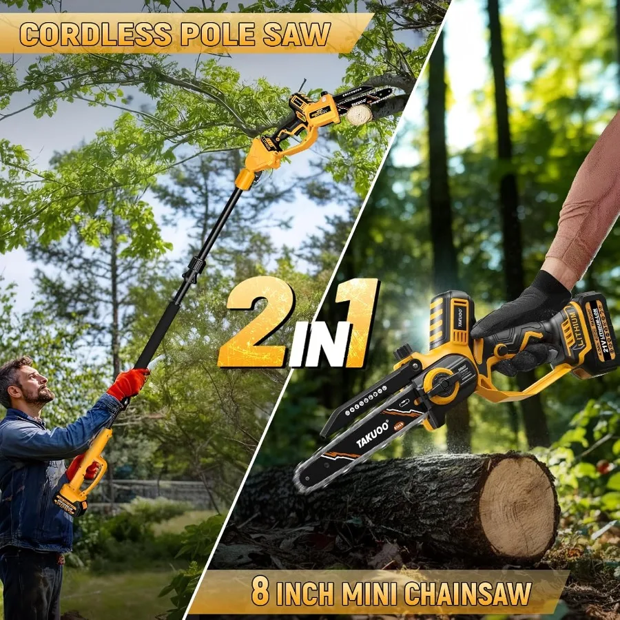 2IN1 전기 폴쏘우 8인치 미니 전기톱 무선 연장봉 포함 21V 2×4.0Ah 배터리 구동 폴쏘우 최대 15피트 도달 가능