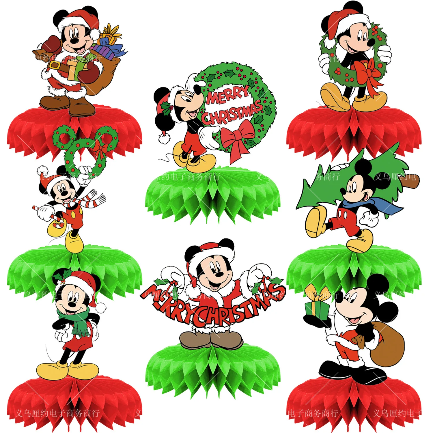 

8pcs/set Christmas Mickey Minnie Mouse Party Anime Figure Honeycomb Festive Table Decor Red Green Party Supplies Kids Toys Gifts