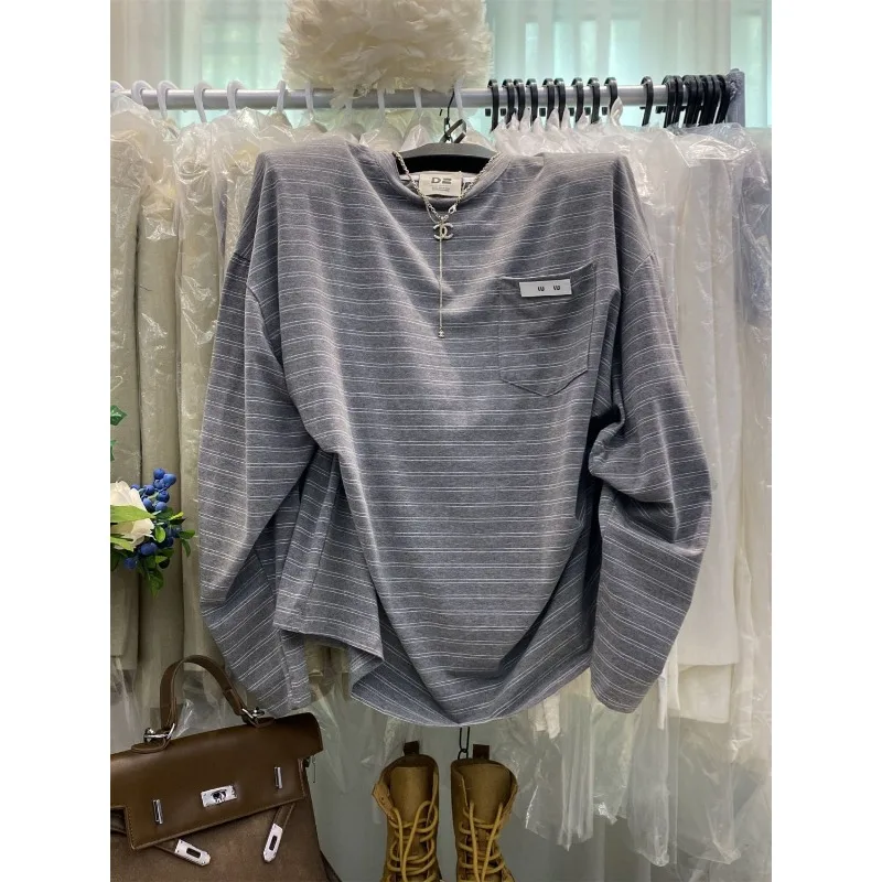 Herfst Nieuwe Koreaanse Stijl Modieuze Retro Gestreepte T-shirt Met Lange Mouwen Voor Vrouwen Losse En Veelzijdige Luie Halflange Dunne top