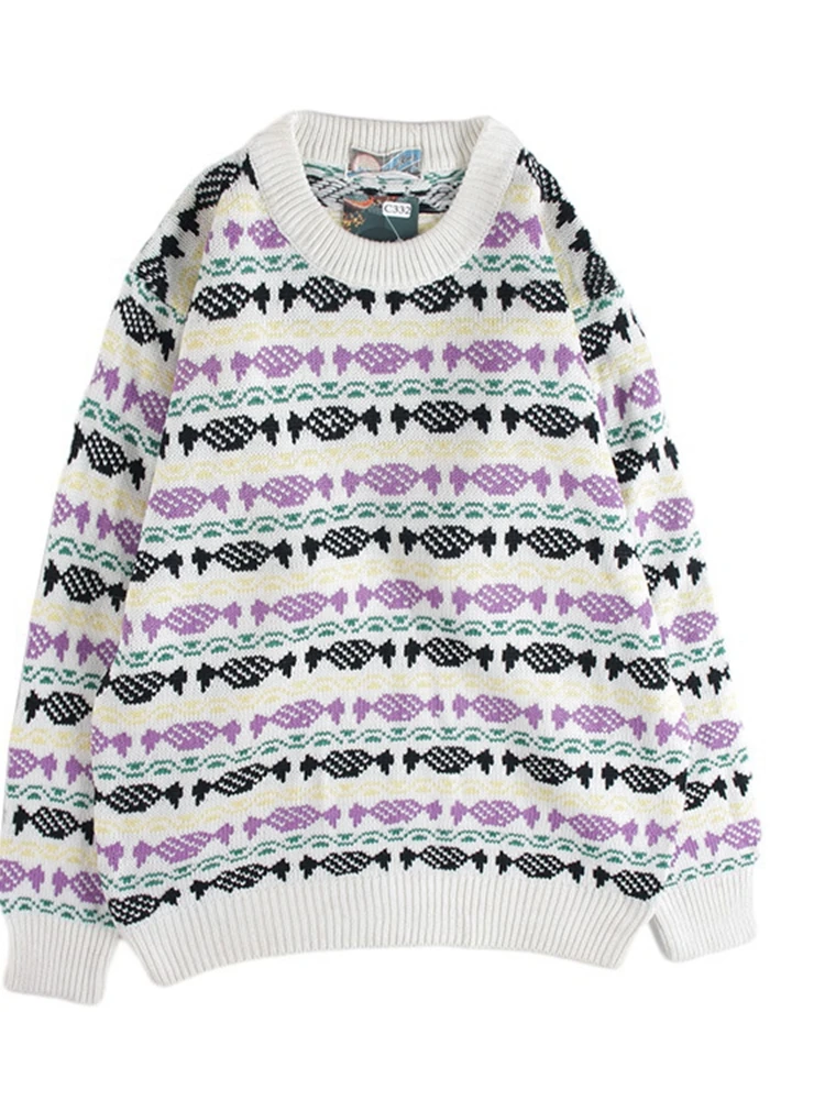 빈티지 루즈핏 울 스웨터 패턴 페어 아일 컬러 블록 가을 겨울 패션 출퇴근 라운드 넥 롱 스웨터