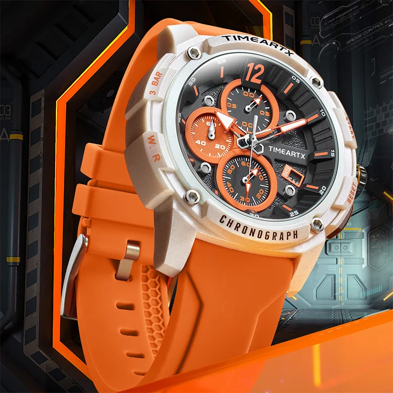 Reloj TIMEARTX de silicona naranja a la moda para hombre, relojes de pulsera redondos con cronógrafo deportivo para hombre, reloj de cuarzo luminoso resistente al agua