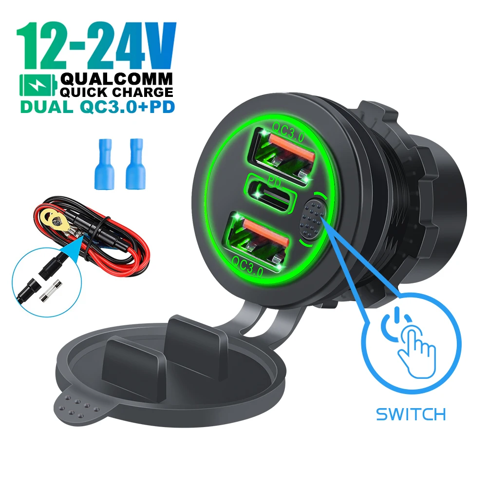 68W Dual QC 3.0 USB & PD Type-C Triple Socket 12-24V Car Charger with Touch Switch Waterproof for Car Boat Marine RV