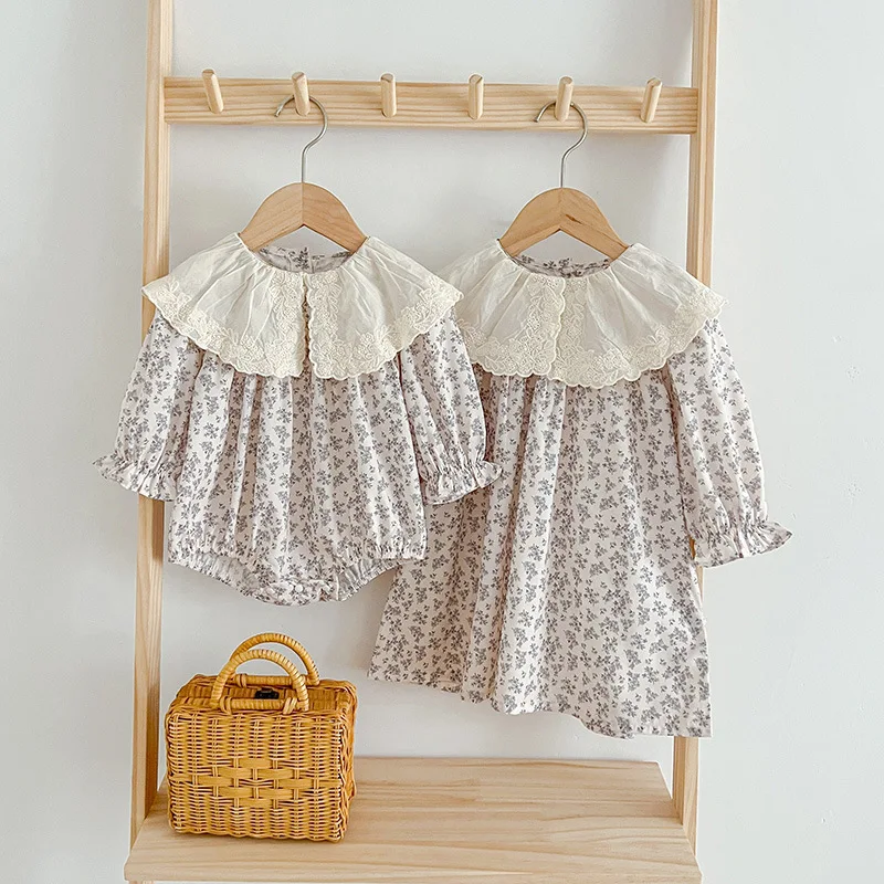 

New Baby Clothes Girl Baby Romper Floral Triangle Climbing Suit Lace Big Collar Girl Dress Sister Outfit