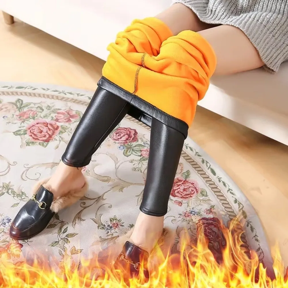 Faux Leather Faux Leather Pants Fleece Lined Stretch Fabric Fleece Lined Leggings Autumn Winter Elastic Waist