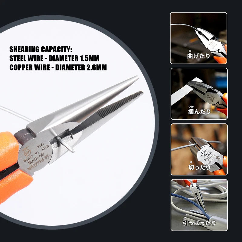 FUJIYA GR-125S/GR-150S Long Nose Pliers Wire Stripper Tool Electronic Pointed Nose Pliers with Toothed for Precision Machanics