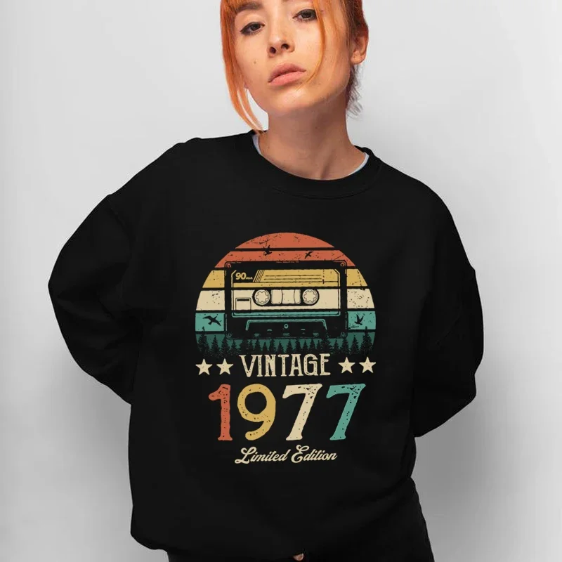 

Original Design Vintage Magnetic Tape 1977 47th 47 Years Old Women Sweatshirt Harajuku O Neck Birthday Party Clothes Jumper Top