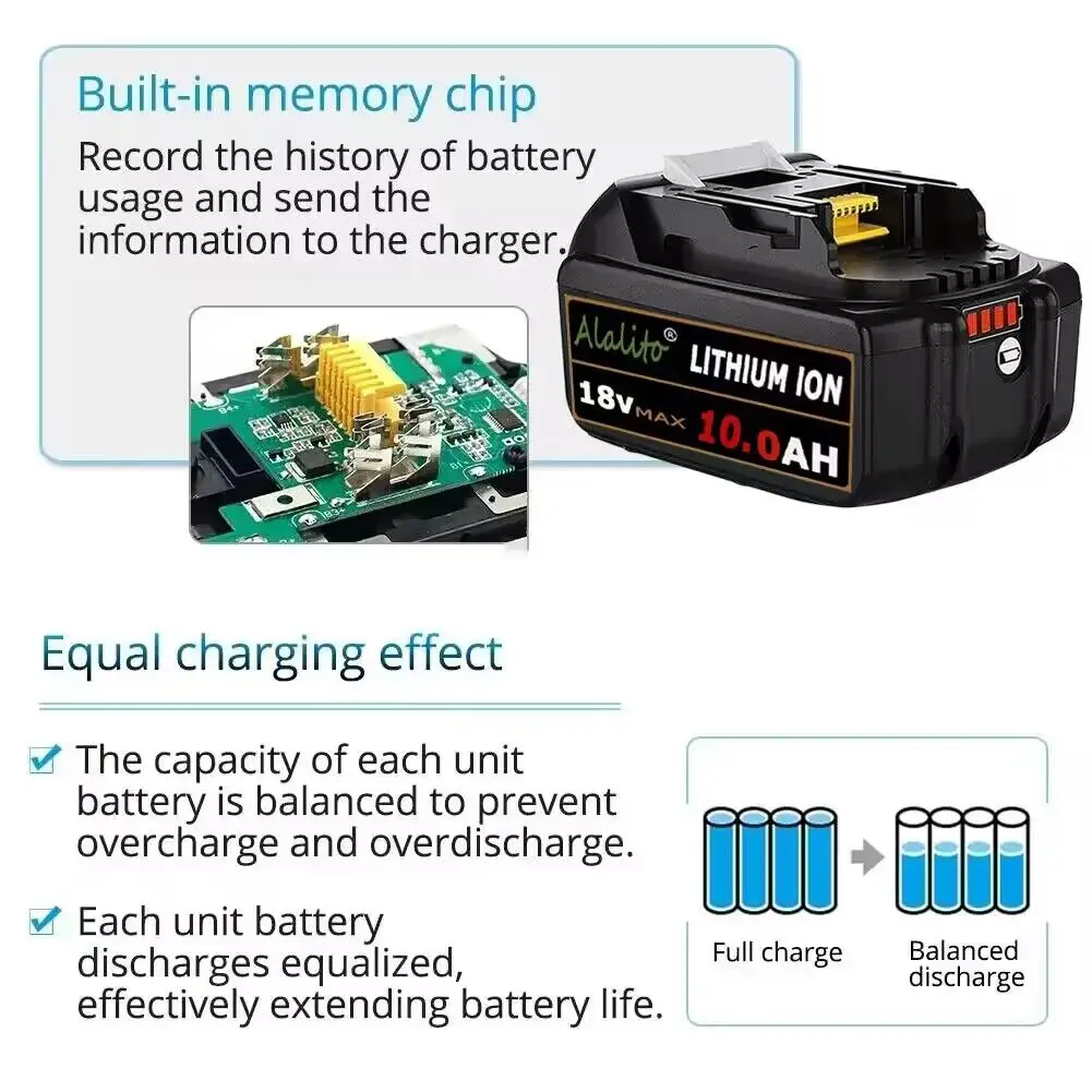 BL1860 for makita 18v 10Ah original battery bl1830 bl1860 bl1850B tool batteries compatible for Makita 18 Volt wireless grinder