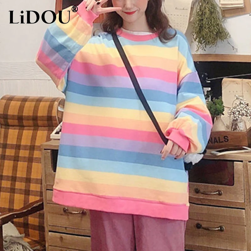 

Spring Summer Round Neck Rainbow Printed Sweatshirts Ladies Long Sleeve Loose Casual Fashion Pullover Tops Women Striped Tees