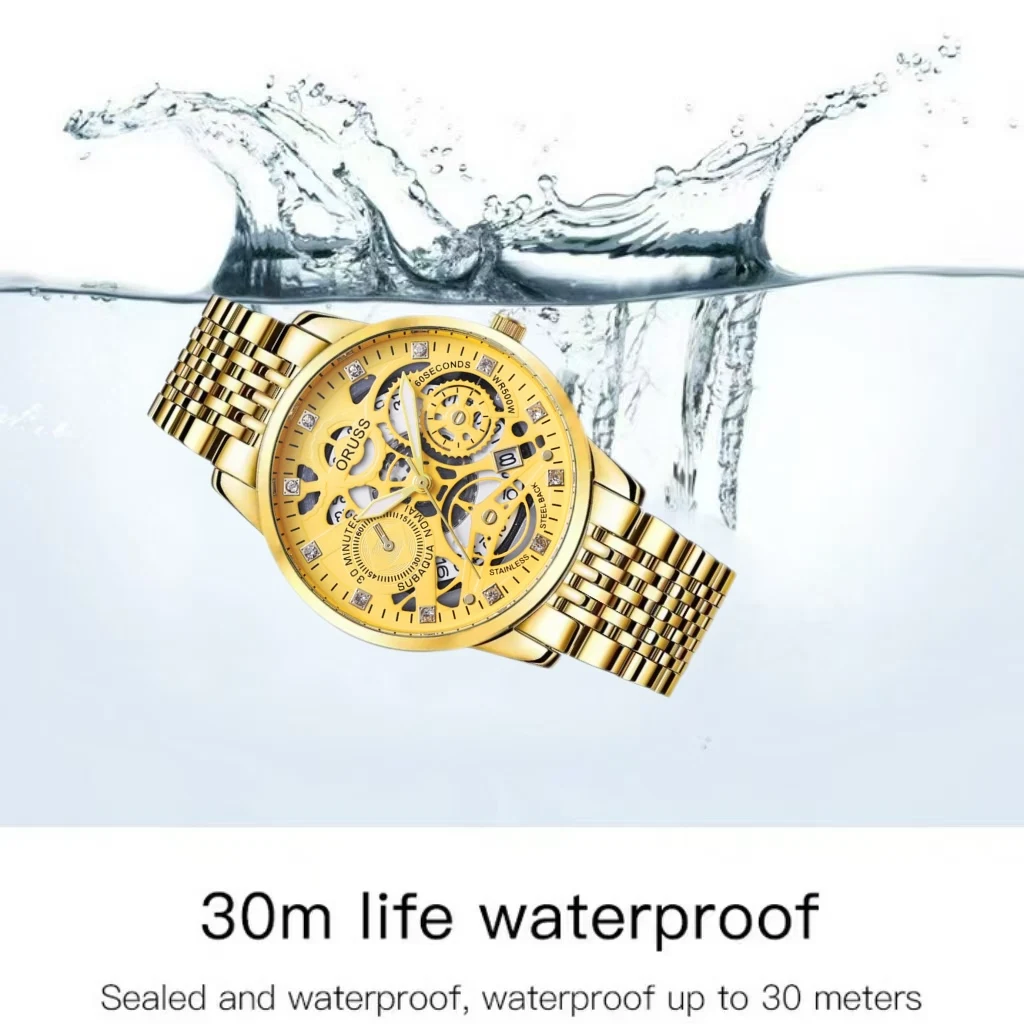 ORUSS оригинальные мужские часы из нержавеющей стали с двойным календарем, водонепроницаемые светящиеся роскошные золотые часы, модные кварцевые мужские наручные часы, новое поступление
