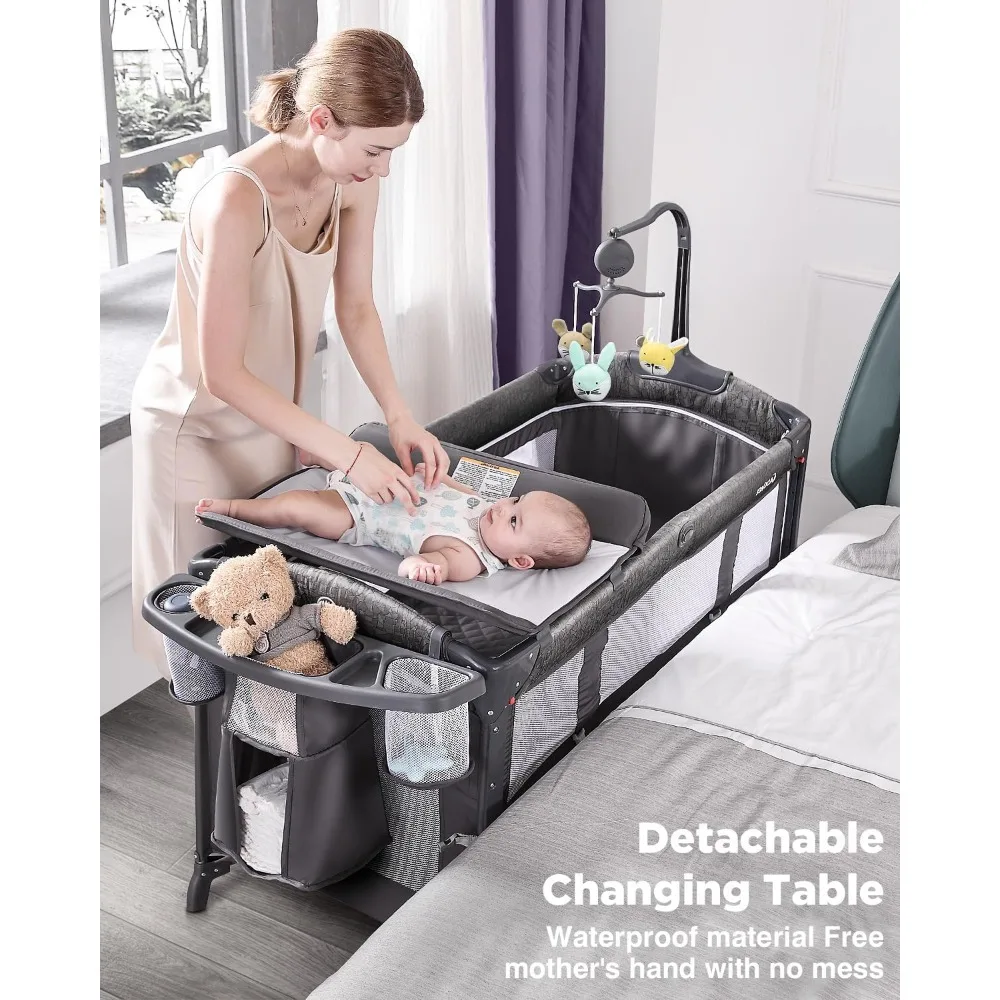 Baby Bassinet Bedside Crib, Pack and Play with Mattress, Diaper Changer and Playards from Newborn to Toddles, Grey