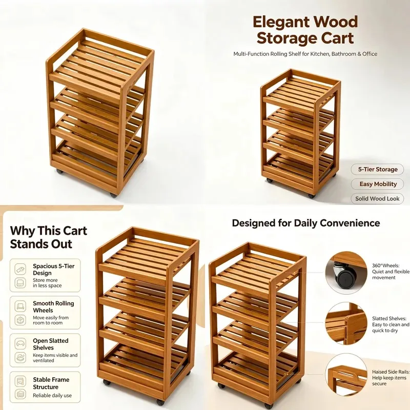 4 Layer Solid Wood Rolling Storage Cart with Slat Open Shelf Practical Utility Trolley with Locking Wheels for Home