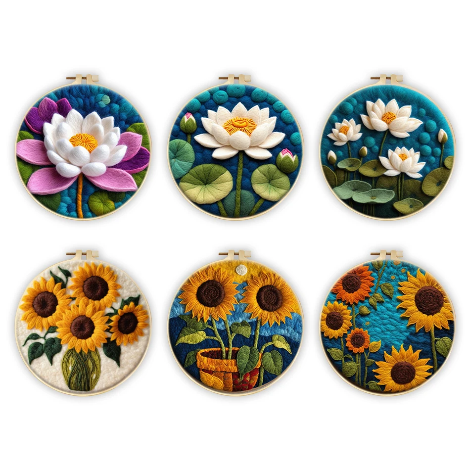 RUOPOTY Diy Wool Felting Painting Flowers Sunflower Lotus With Embroidery Frame Craft Supplies Handicraft Felt Needlework Kit