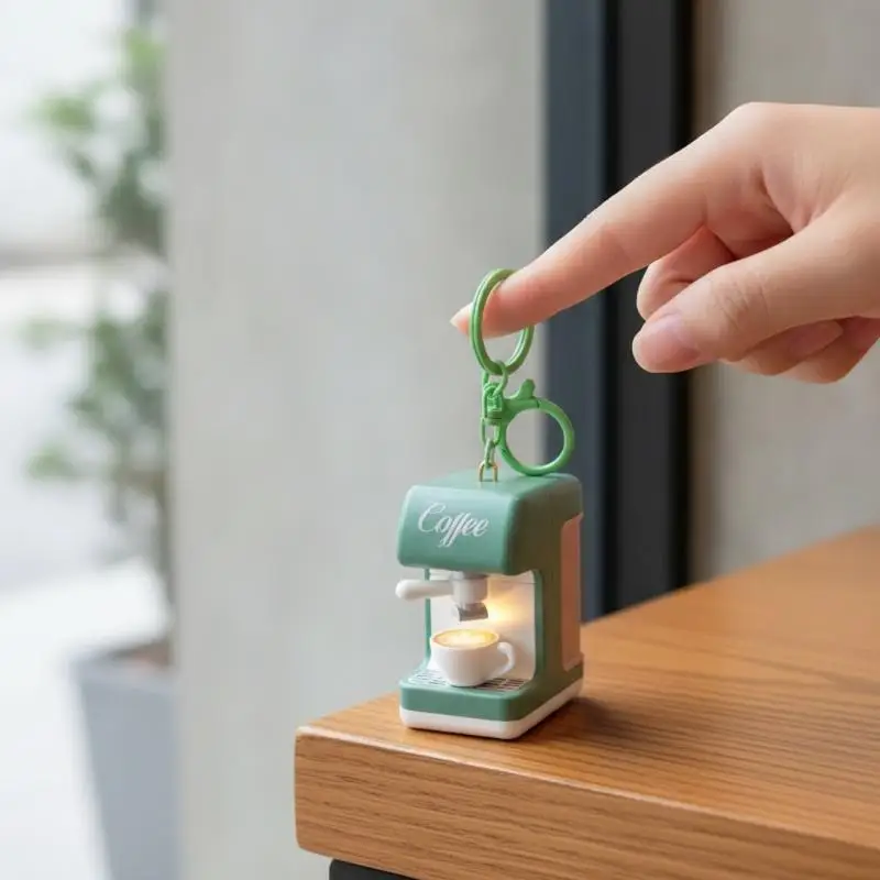 Cute Mini Coffee Machine Keychain Light & Sound Effect Slidable Coffee Handle Simulation Espresso Maker Pendant Bag Gift