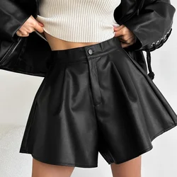 Black Pu Leather Shorts Women Fashion High Waist Wide Leg Mini Shorts Autumn Winter Casual Loose A-line Shorts 2024 Streetwear