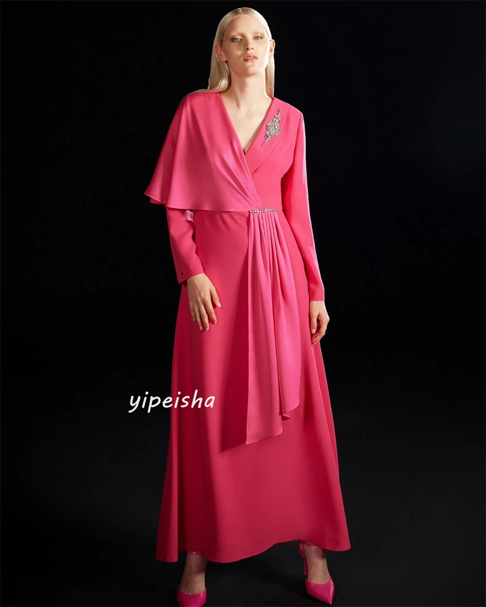 Vestido Midi plisado con cuentas y cuello en V para mujer, Jersey de noche, vestido de graduación con línea A, a medida, Arabia Saudita