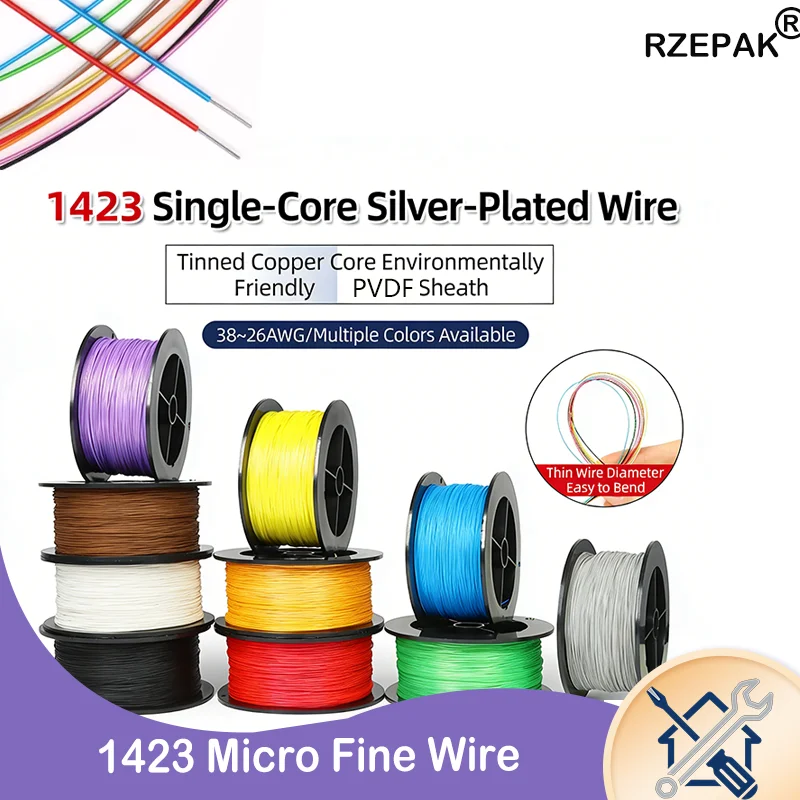 

10/50/100M 1423 PVDF Silver Plated Copper Wire 38-24AWG - High Temp Single Core Micro Fine Electronic Cable