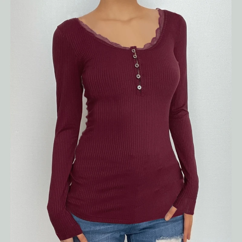 Cottage renda guarnição botão acima camiseta feminina manga longa pullovers camisetas outono casual lounge colheita topos preppy y2k roupas estéticas