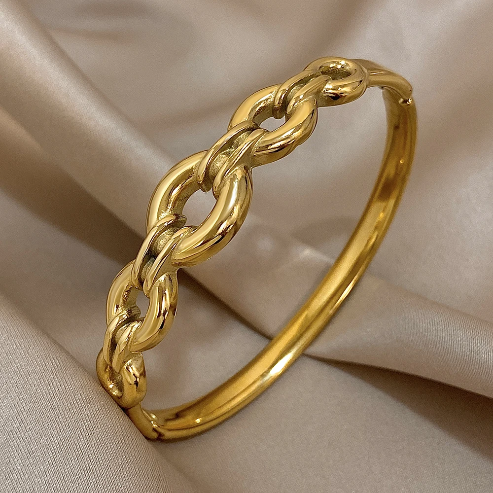 316L Stainless Steel Gold Plated Cuff Bangle Bracelets for Women Hollow Circle Link Geometric Waterproof Wristband Jewelry