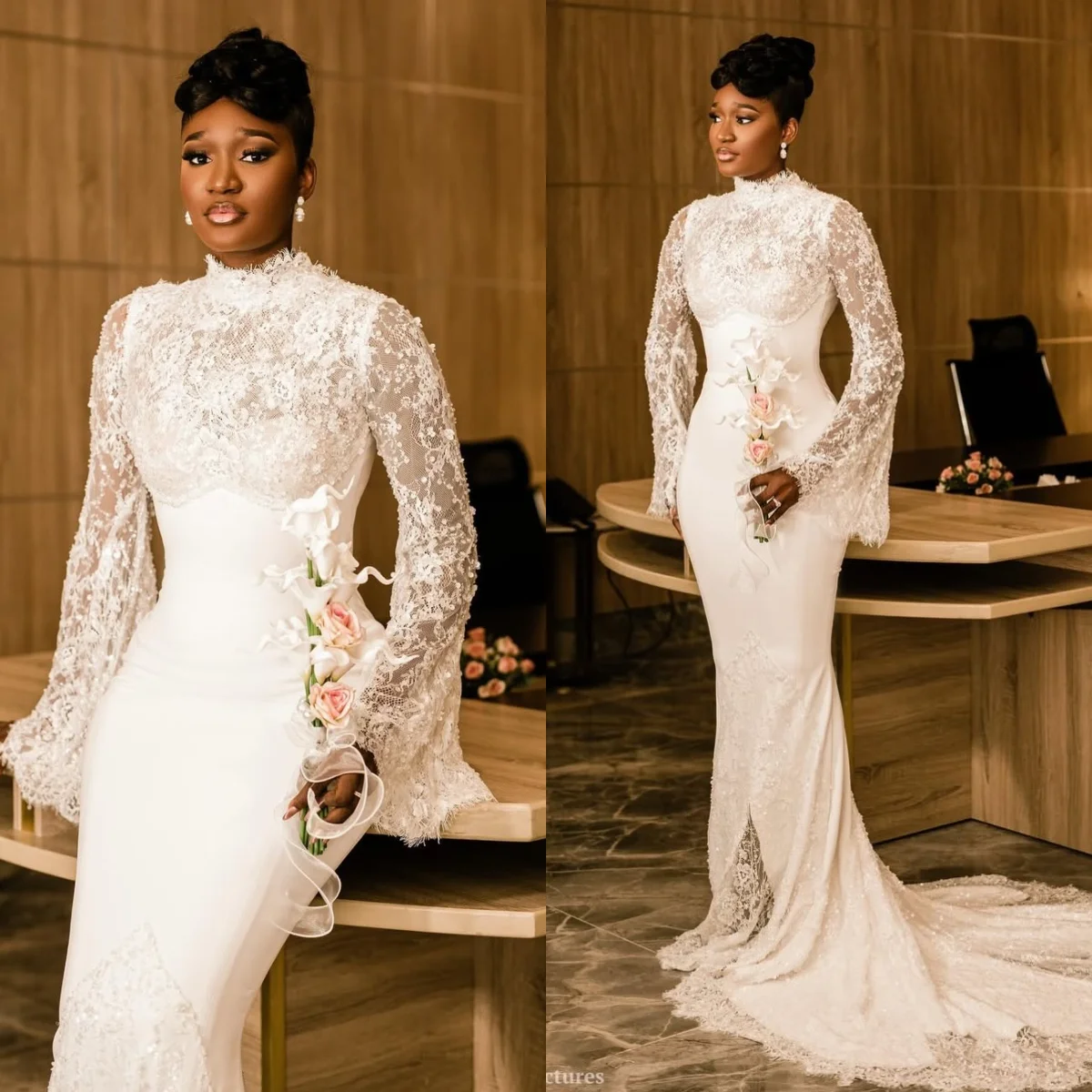 

Customized Full Sleeve Wedding Dress Mermaid Bridal Gown High Neck Muslim Bride Dress Lace Robe De Mariage Vestido De Novia