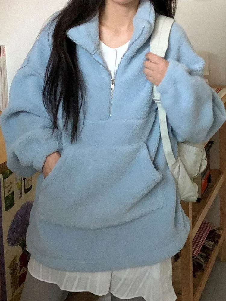Felpa dolce calda con zip in pelliccia di agnello blu Jaet da donna Faion Lazy Sle Top marca cinese ex autunno stagionale