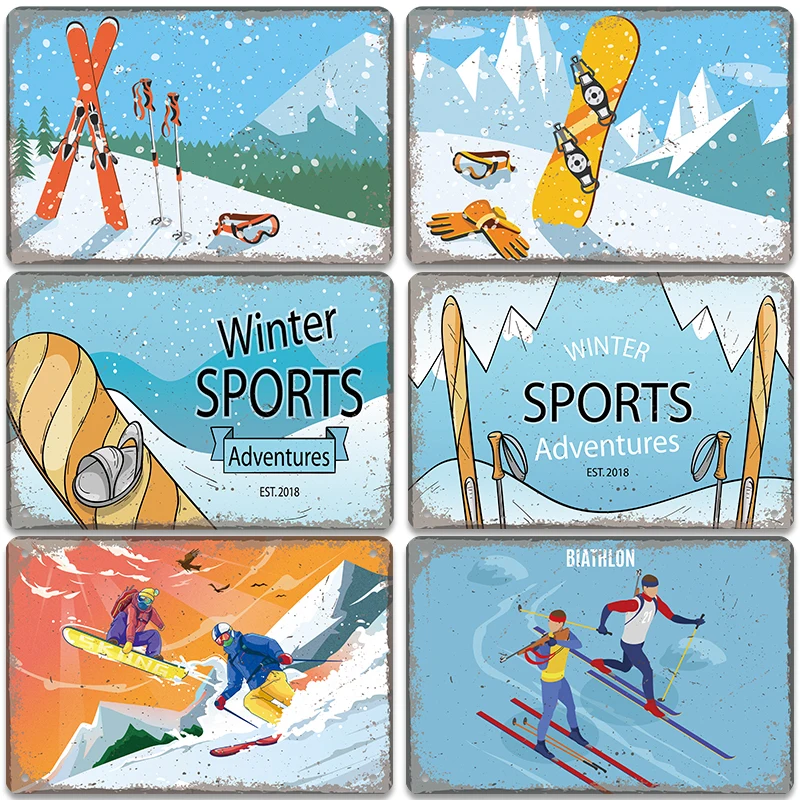 Skiing Posters Vintage Metal Tin Sign Winter Games Retro Plate Metal Signs for Ski Club Bar Pub Home Wall Decor 20X30CM