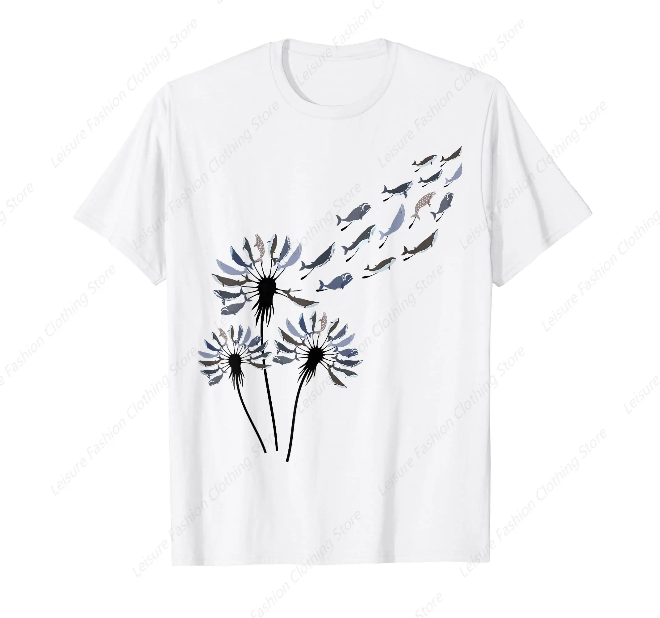 Flower Dandelion Whales Shirt for Whale Lover Whale T-Shirt Round Neck Short Sleeves Cotton Tee Shirt Tops