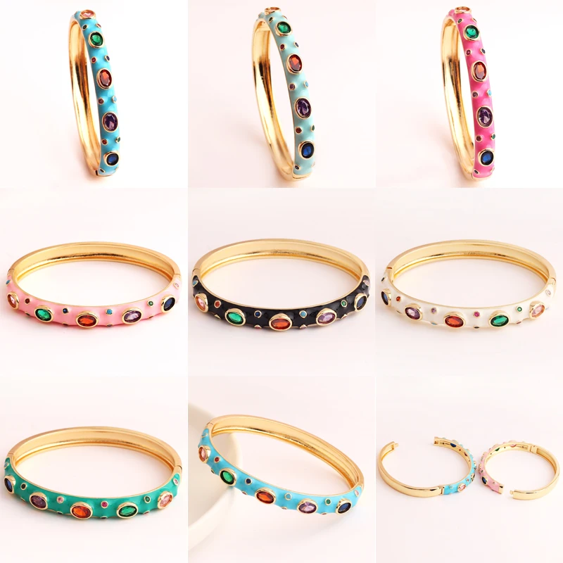 Luxury Colorful Enamel Bangles Bracelets for Women Party Gift Fashion Rainbow Zircon CZ Bangles Original 18K Gold Plated Jewelry