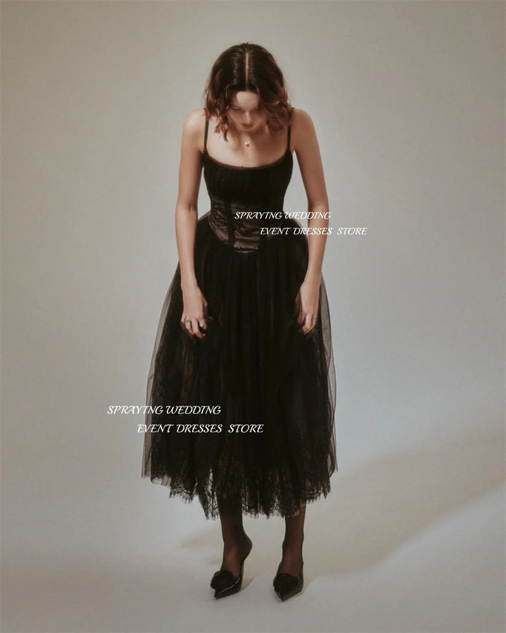 SPRAYING – robe de soirée Sexy en dentelle noire, bretelles Spaghetti, longueur thé, col rond, ligne A, en Tulle, robes de soirée formelles, robe de bal personnalisée