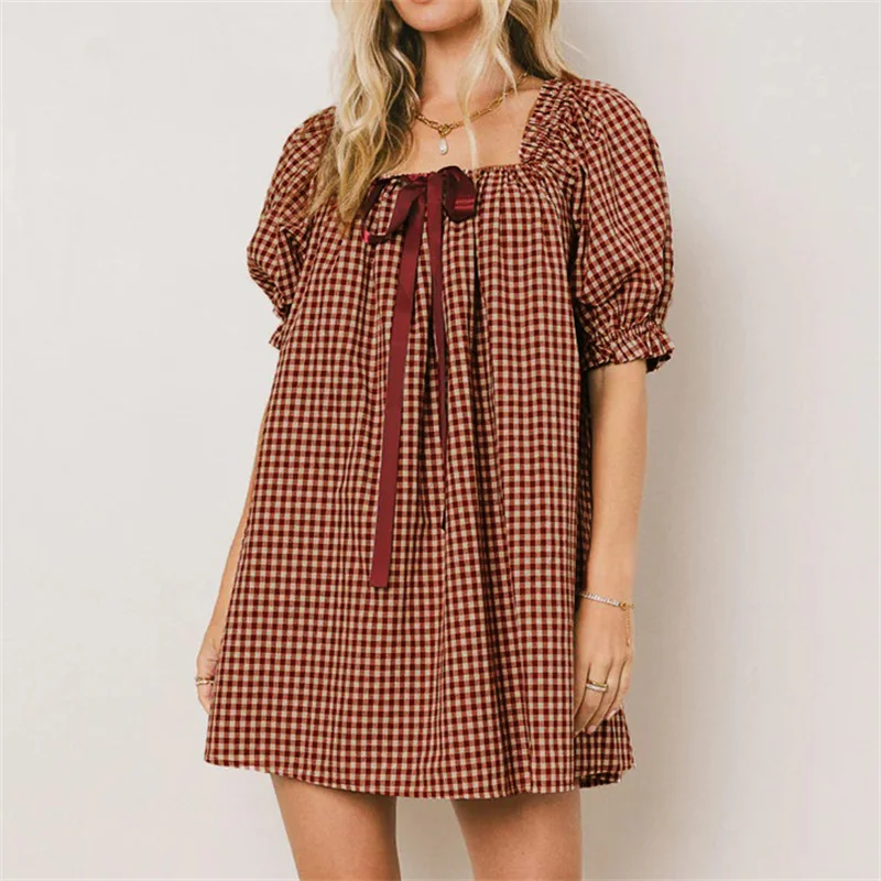 Vrouwen Y2K Plaid Cami Jurk Half Bladerdeeg Mouw Vierkante Hals Geruite Strikje Loose Fit Babydoll Uitgaan Mini Jurk