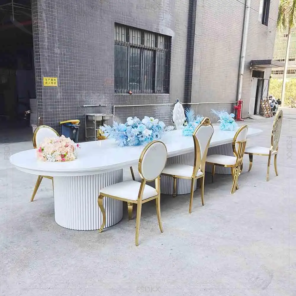 

FSDKX Wholesale White Ripple PVC Wedding Table Glass Oval Dining Wedding Table