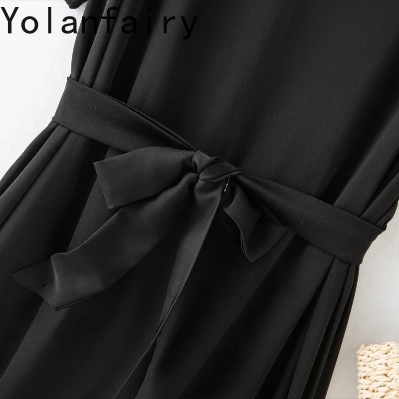 YOLANFAIRY 93% vera seta di gelso abiti eleganti per donna estate manica corta in raso abito nero con lacci abiti casual da donna