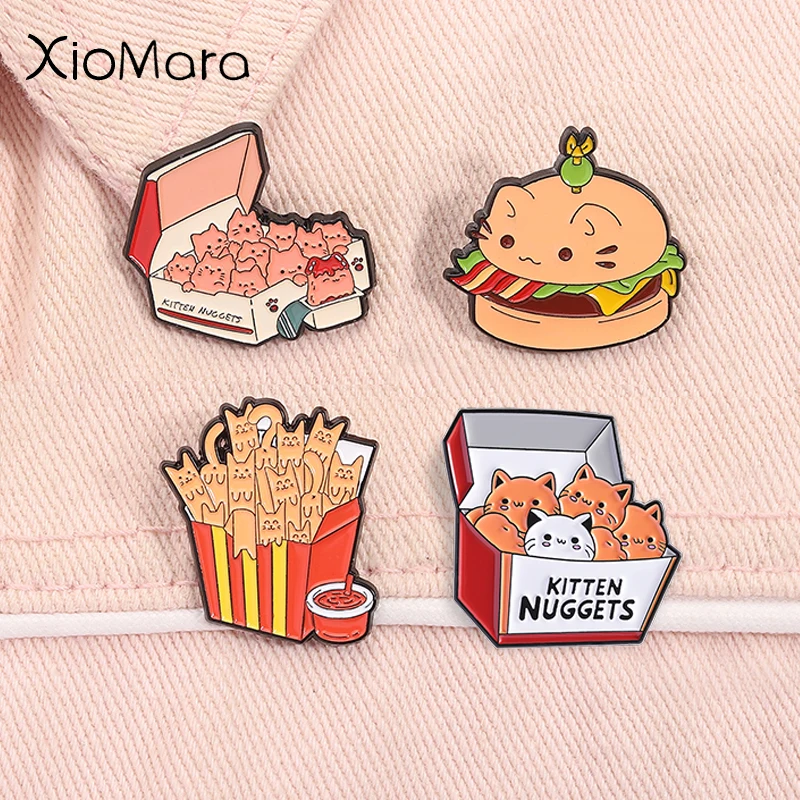 Kitten Nuggets Fast Food Cat Enamel Pin Chicken French Fries Hamburg Brooches Lapel Badge Jewelry Gifts for Cat Lover Friends ﻿