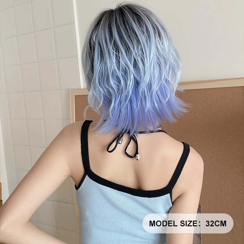 7JHH WIGS Costume Wig Synthetic Short Ombre Blue Wig for Girl Cosplay High Density Wolf Tail Middle Part Purple Wigs Lolita Wig