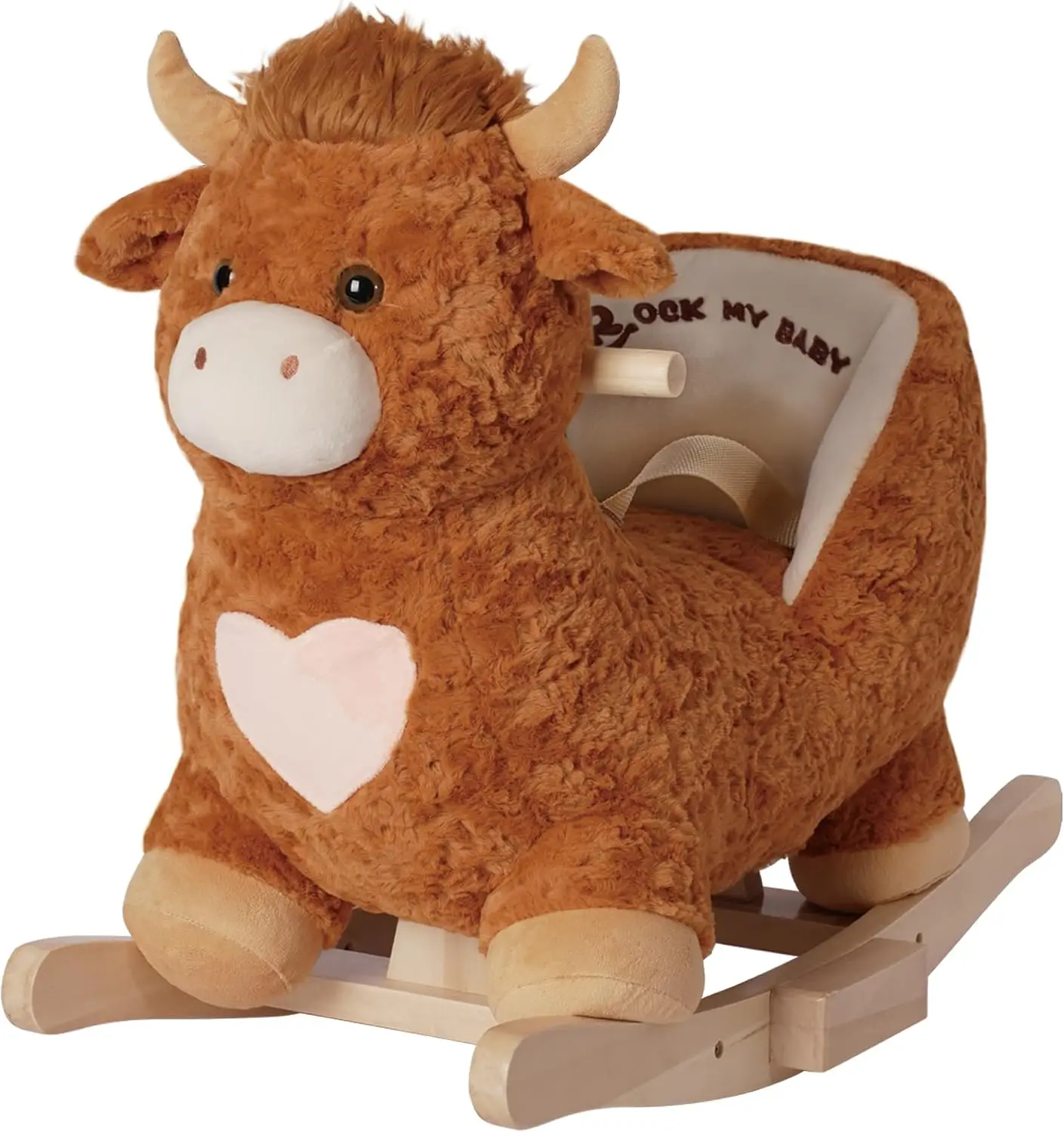Wooden Rocking Horse for Toddlers 12M+, Plush Highland Cow Ride-On Horse Toy with Realistic Sound, Birthday Gift