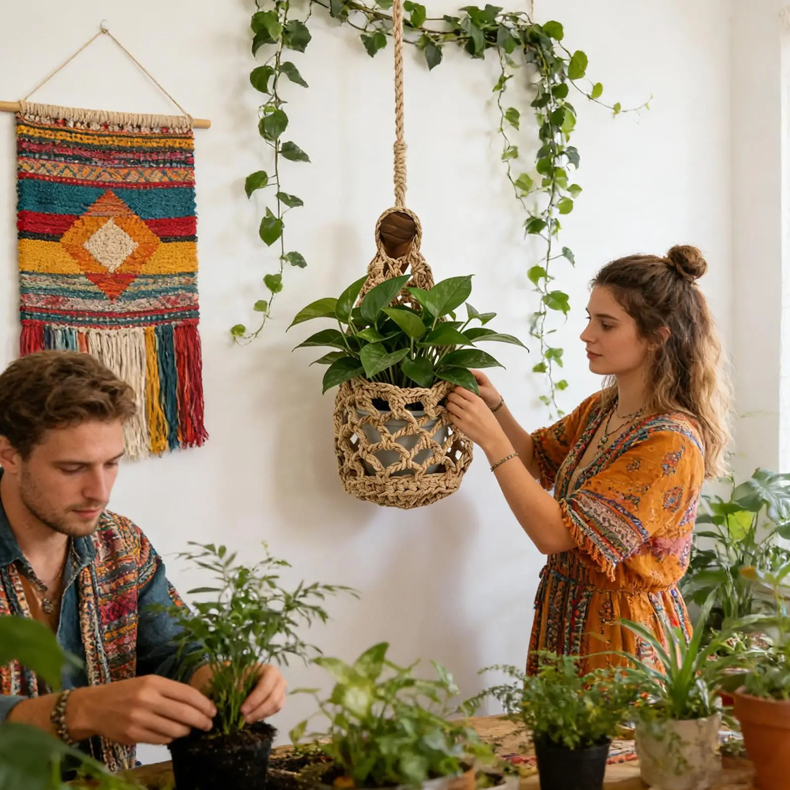 

Настенный держатель для растений в стиле бохо, плетеный, декоративный, макраме, для цветочных горшков, для спальни, гостиной, для использования в помещении