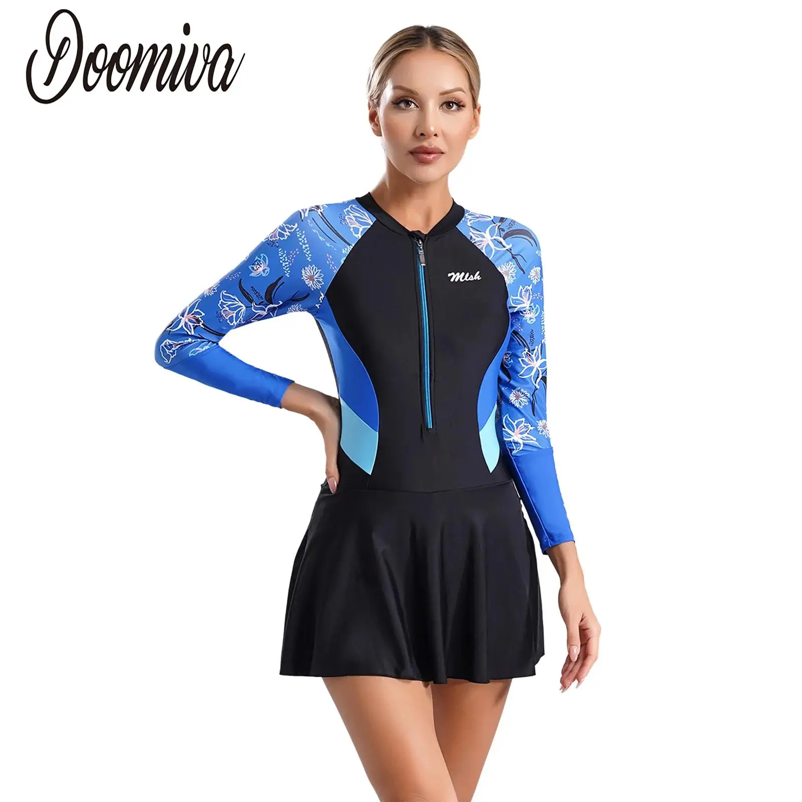 Women Swimming Dress Rash Guard Bathing Suit Surfing Dresses Long Sleeve One Piece Swimsuit Zipper Built-in Shorts Swimwear