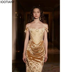 Sexy Vintage Gold Jacquard Fishbone Stitching Suspender Dress Luxury Elegant Women Evening Slit Dresses Chain Tie Backless Suits