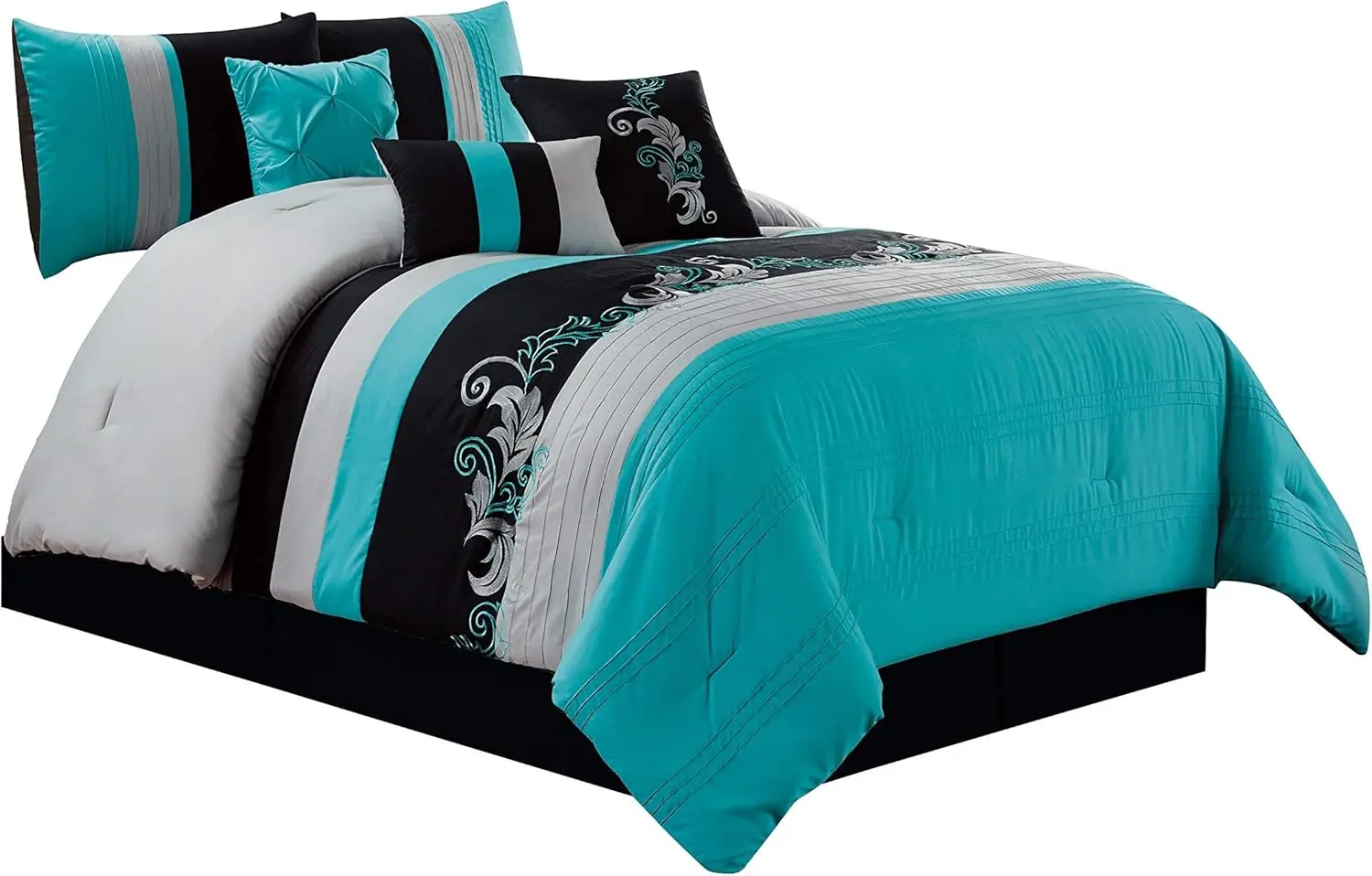 

7-Piece Luxury Leaves Scroll Embroidery Bedding Comforter Set Queen Size in Teal Blue, Gray, and Black
